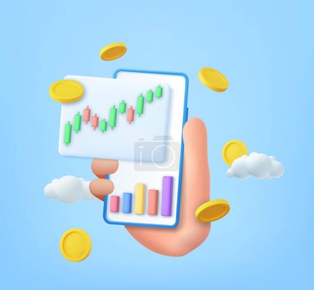 Illustration for 3D stock online trading with smartphone and money coin. nvestment trading in the stock market,Investment graph using funding business on mobile in hand. 3d rendering. Vector illustration - Royalty Free Image