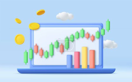 Illustration for 3D online stock trading with laptop. Notebook using funding business graph on computer with money coin. Investment trading in the stock market. 3d rendering. Vector illustration - Royalty Free Image