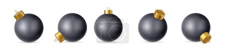 Illustration for 3d set of glass black Christmas ball Isolated on white background. New year toy decoration. Holiday decoration element. 3d rendering. Vector illustration - Royalty Free Image