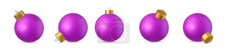 Téléchargez les illustrations : Ensemble 3d de boule de Noël violette en verre isolé sur fond blanc. Décoration de jouet nouvelle année. Élément de décoration de vacances. Rendement 3D. Illustration vectorielle - en licence libre de droit