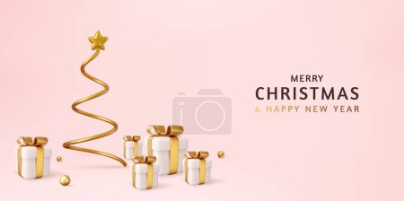 3d christmas design, golden metallic cone spiral tree with gift boxes. Christmas and New Year background. 3d rendering. Vector illustration