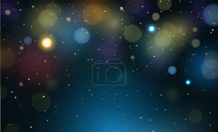 Glowing yellow bokeh circles, sparkling golden dust abstract background. blue holiday bokeh. Abstract Christmas background. Vector illustration