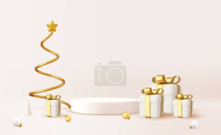 3d christmas design, golden metallic cone spiral tree with gift boxes and podium. Christmas and New Year background. 3d rendering. Vector illustration