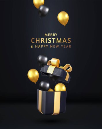 Ilustración de Feliz Navidad y Feliz Año Nuevo. Caja de regalos realistas de diseño de Navidad, globos de helio que caen, fondo de regalo de vacaciones. Cartel, pancarta, folleto, volante. renderizado 3d. Ilustración vectorial - Imagen libre de derechos
