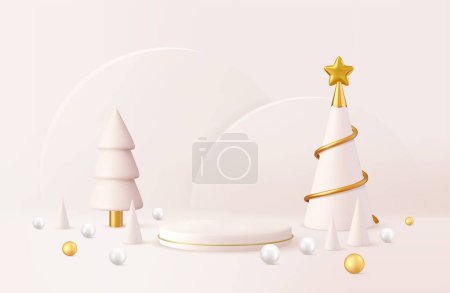 Téléchargez les illustrations : Conception de Noël 3d, arbre spirale cône métallique doré avec podium. Noël et Nouvel An fond. Rendement 3D. Illustration vectorielle - en licence libre de droit