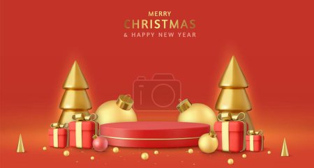 Illustration for 3d Christmas and New Year round podium studio with 3d bauble balls, cone trees, gift box. Creative holiday template. Xmas winter composition. Banner and web poster. 3d rendering. Vector illustration - Royalty Free Image