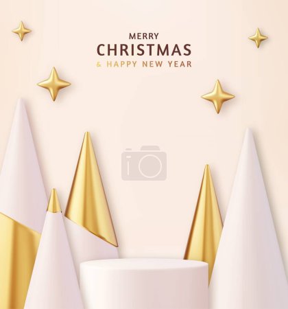 Illustration for 3d Christmas and New Year round podium studio with cone trees. Creative holiday template. Xmas winter composition. Banner and web poster. 3d rendering. Vector illustration - Royalty Free Image
