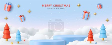Illustration for 3d Christmas and New Year round podium studio with cone trees, gift box. Creative holiday template. Xmas winter composition. Banner and web poster. 3d rendering. Vector illustration - Royalty Free Image
