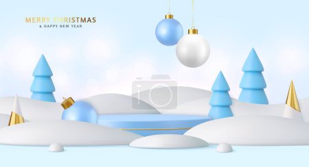 3d Christmas background with cylindrical podium for promotions with 3d bauble balls, cone trees. Round stage for presentation sale product. Banner and web poster. 3d rendering. Vector illustration