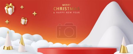 Illustration for 3d Christmas and New Year round podium studio with cone trees, gift box. Creative holiday template. Xmas winter composition. Banner and web poster. 3d rendering. Vector illustration - Royalty Free Image