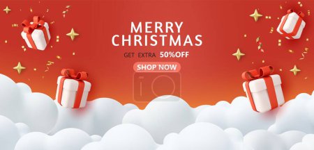 Illustration for Merry Christmas sale banner template. Advertising poster for the store. Red banner for website or flyer. 3d rendering. Vector illustration - Royalty Free Image