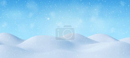 3d Natural Winter Weihnachten und Neujahr Hintergrund mit blauem Himmel, Schneefall, Schneeflocken, Schneeverwehungen. Winterlandschaft mit fallenden Weihnachtsbäumen, strahlend schönem Schnee. Vektorillustration