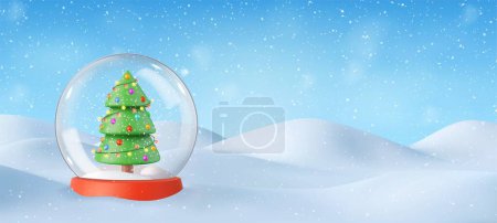 Illustration for 3d Snow globe with Christmas tree in snow. Winter Christmas and new year background. 3d rendering. Vector illustration - Royalty Free Image