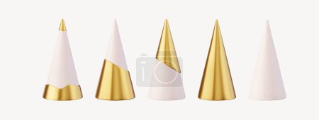 Illustration for Set of different style Christmas tree cone. White and golden realistic abstract Christmas trees. Christmas decorations. 3d rendering. Vector illustration - Royalty Free Image