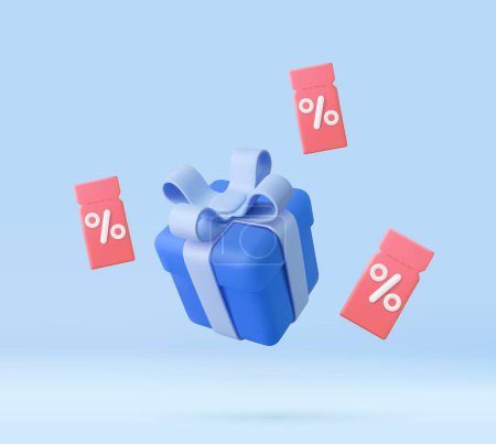 3d discount coupon with percentage sign and flying gifts box. For online sales and favorable prices. Voucher card template design with coupon code promotion. 3d rendering. Vector illustration