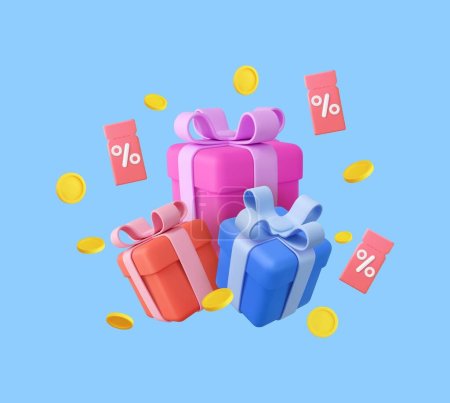 Illustration for 3d discount coupon with percentage sign and flying gifts box, coin. For online sales and favorable prices. Voucher card template design with coupon code promotion. 3d rendering. Vector illustration - Royalty Free Image