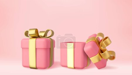 3d open and close gifts box isolated on background. Holiday decoration presents. Festive gift surprise. Realistic icon for birthday or wedding banners. 3d rendering. Vector illustration