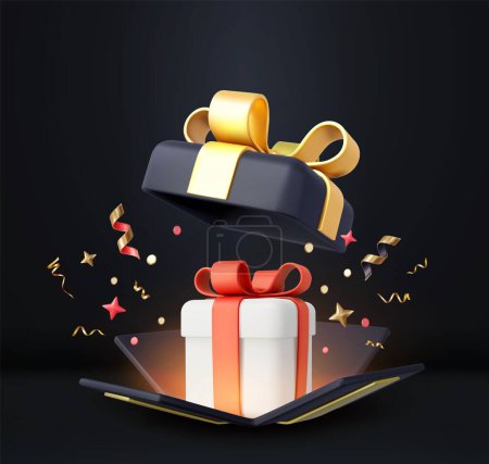 3d Surprise open Gift Box With Falling Confetti. Present box as prize concept. Christmas and New Year s surprise. Present box for birthday. 3d rendering. Vector illustration