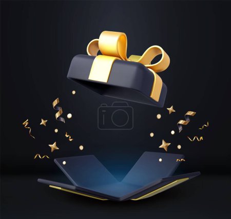 Illustration for 3d Surprise open Gift Box With Falling Confetti. Present box as prize concept. Christmas and New Year s surprise. Present box for birthday. 3d rendering. Vector illustration - Royalty Free Image
