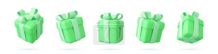 Illustration for Set of Realistic christmas gifts boxes isolated on a white background. five gift boxes with bows and ribbons. Holiday decoration presents. Festive gift surprise. 3d rendering. Vector illustration - Royalty Free Image