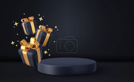 Ilustración de 3D estilo navideño escena del podio del producto con la caída voladora caja de regalo blanca con arco de oro. Feliz Navidad y Año Nuevo diseño de banner festivo, tarjeta de felicitación. renderizado 3d. Ilustración vectorial - Imagen libre de derechos
