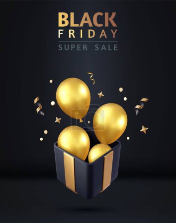 Illustration for 3d Open black gift box with gold balloons, confetti and ribbons. Black friday sale design template. New Year and Christmas design. 3d rendering. Vector illustration - Royalty Free Image