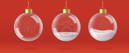 Illustration for 3d Realistic hanging glass christmas balls. 3d xmas and New Year Tree Toy Decoration Ball for Mockup, transparent crystal sphere with snowflakes 3d rendering. Vector illustration - Royalty Free Image