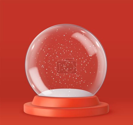 3D Leere Schneeglaskugel mit rotem Tablett. Dekorative Schneekugel aus Glas für Weihnachten. 3D-Darstellung. Vektorillustration