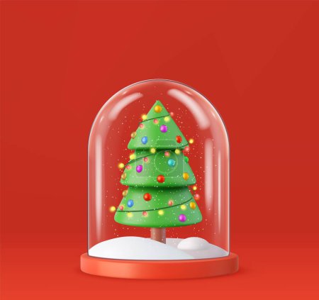 Illustration for 3d Merry Christmas and Happy New Year. Christmas winter snow glass ball. Realistic 3d design Xmas green tree in snow, 3d rendering. Vector illustration - Royalty Free Image