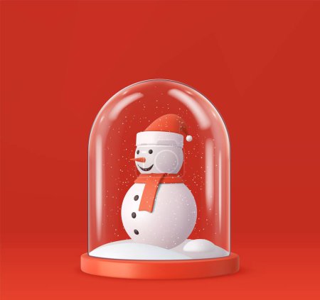 Ilustración de Feliz Navidad y Feliz Año Nuevo. Bola de nieve transparente con muñeco de nieve y copos de nieve. Diseño decorativo de Navidad. renderizado 3d. Ilustración vectorial - Imagen libre de derechos