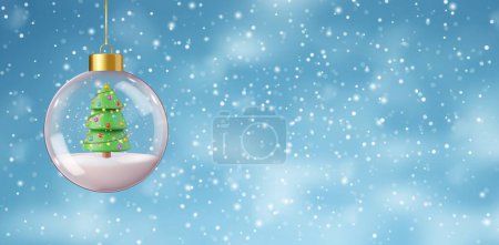 Ilustración de 3d Bola de nieve con árbol de Navidad en la nieve. Navidad de invierno y año nuevo fondo. renderizado 3d. Ilustración vectorial - Imagen libre de derechos