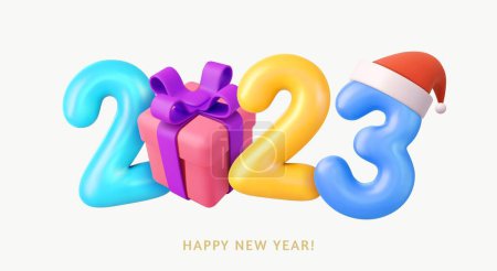 Illustration for 3d Happy New Year 2023. Number with gift box in cartoon style. Christmas decoration. Xmas Poster, banner, cover card, brochure, flyer, layout design. 3d rendering. Vector illustration - Royalty Free Image