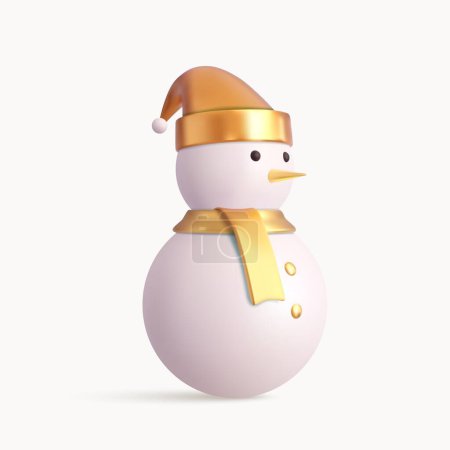 Illustration for 3d cute snowman in gold Christmas hat. Realistic 3d design element In plastic cartoon style. Icon isolated on white background. 3d rendering. Vector illustration - Royalty Free Image