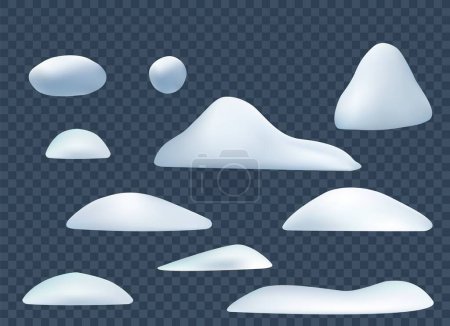 Illustration for Set of snow caps, snowballs and snowdrift isolated on transparent background. Winter decorations. Game art elements. Seasonal snowy ornament Vector illustration - Royalty Free Image