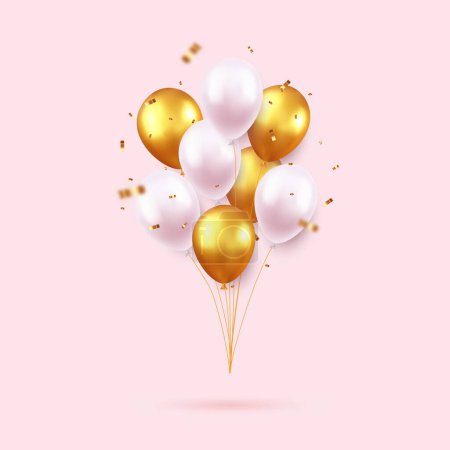 Illustration for 3d Realistic Colorful Happy Birthday Balloons with golden confetti Flying for Party and Celebrations. for card, party, flyer, poster, decor, banner, web, advertising. 3d rendering. Vector illustration - Royalty Free Image