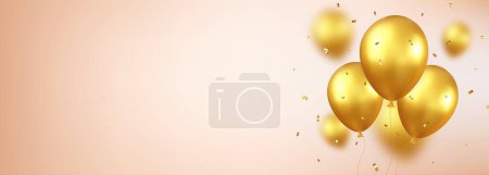 Illustration for 3d balloons with ribbon. Celebratory design with gold colored balloons with glittering confetti. Stylish poster, cover, banner, site, mobile app. 3d rendering. Vector illustration - Royalty Free Image