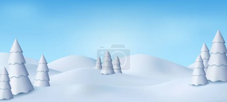 Téléchargez les illustrations : 3d Noël d'hiver naturel et fond de nouvelle année avec ciel bleu, chutes de neige, flocons de neige, dérives de neige et sapins neigeux. Illustration vectorielle - en licence libre de droit