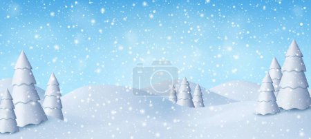 Illustration for 3d Natural Winter Christmas and new year background with blue sky, snowfall, snowflakes, snowdrifts and snowy fir trees.. Winter landscape with falling christmas shining snow. Vector illustration - Royalty Free Image