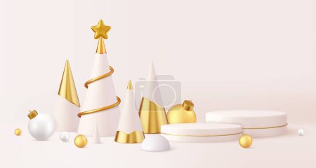 Illustration for 3d christmas design, golden metallic cone spiral tree with podium. Merry christmas and happy new year scene for product display presentation. 3d rendering. Vector illustration - Royalty Free Image