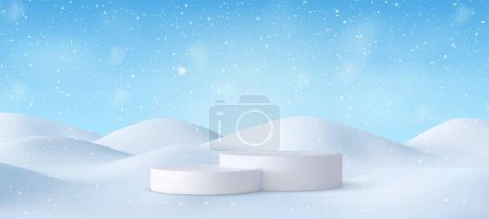 Téléchargez les illustrations : Paysage d'hiver de Noël 3d avec des dérives de neige et scène de podium de produit. Noël Neige dérive. Rendement 3D. Illustration vectorielle - en licence libre de droit