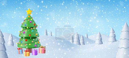 Illustration for 3d Natural Winter Christmas and new year background with blue sky, snowfall, Christmas tree and gifts. Winter landscape with falling christmas shining snow. Vector illustration - Royalty Free Image