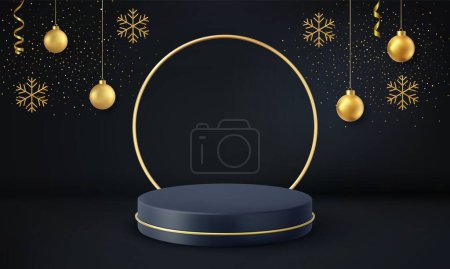 Téléchargez les illustrations : 3d podium noir pour l'affichage de Noël sur fond noir. Piédestal noir réaliste avec boule et flocons de neige sur fond de Noël. Rendement 3D. Illustration vectorielle - en licence libre de droit