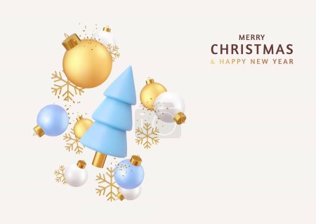 Ilustración de Feliz Navidad y Feliz Año Nuevo. Navidad Fondo festivo con objetos realistas, bolas de bauble azul y blanco, copo de nieve de oro. renderizado 3d. Ilustración vectorial - Imagen libre de derechos