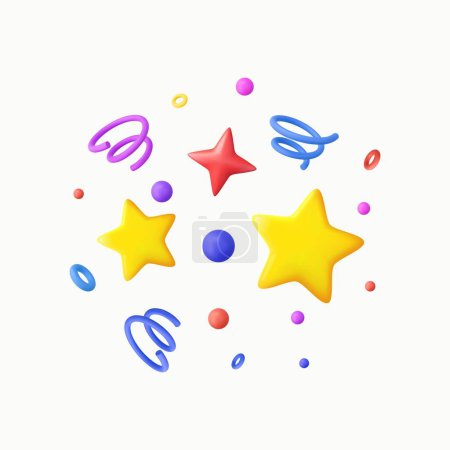 Illustration for 3D Party confetti with star and serpentine ribbon. Birthday surprise. Festive decoration elements for poster or banner. 3d rendering. Vector illustration - Royalty Free Image
