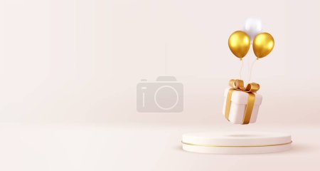 Téléchargez les illustrations : Scène de podium de produit 3d avec ballon et boîte cadeau blanche avec arc en or. Joyeux Noël et Nouvel An conception de bannière festive, carte de vœux. Rendement 3D. Illustration vectorielle - en licence libre de droit