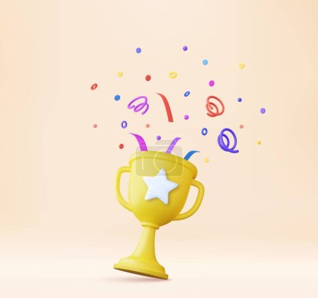3D-Preisgewinner-Symbol mit goldenem Pokal, Gewinner-Sterne mit herumschwebenden Objekten. Siegerehrung mit Konfetti. 3D-Darstellung. Vektorillustration