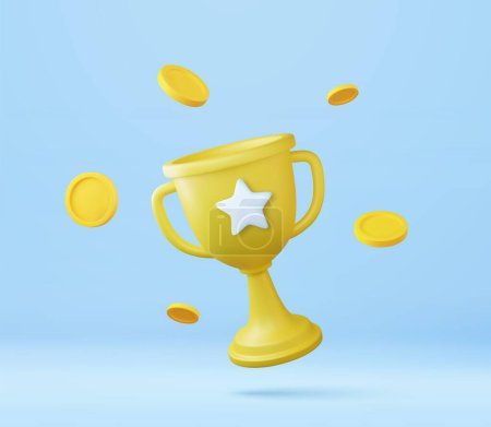 Illustration for 3d Champion trophy, gold cup and money coin icon. Winner prize, sport award, success concept. 3d champions rewards ceremony concept with ranking style. 3d rendering. Vector illustration - Royalty Free Image