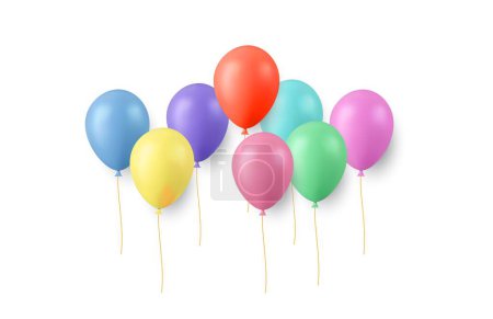 Illustration for Set of festive bouquets of color balloons isolated on white background. Color glossy flying baloon, ribbon, birthday celebrate, surprise. 3d rendering. Vector illustration - Royalty Free Image