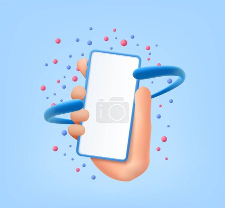 Ilustración de 3D Cartoon hand holding phone with random floating spheres, minimal smartphone mockup. 3d rendering. Vector illustration - Imagen libre de derechos