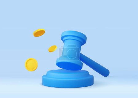 Illustration for 3d judge gavel with coins. Concept of sales Auction court hammer bid authority symbol, 3d rendering. Vector illustration - Royalty Free Image